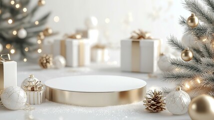 White and Gold Christmas background with cylindrical empty podium for promotions. Round stage for presentation sale product.