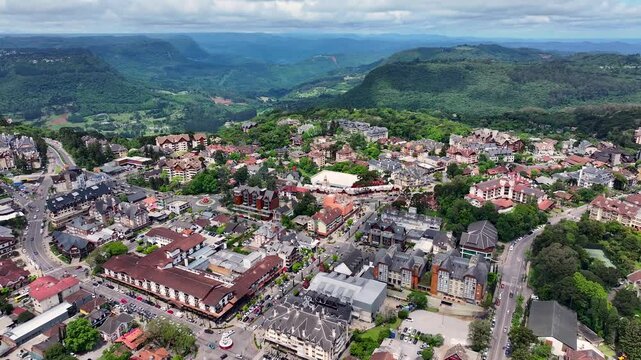 Gramado Skyline At Gramado In Rio Grande Do Sul Brazil. Downtown District. Metropolis Landscape. Traffic Street. Gramado Skyline At Gramado In Rio Grande Do Sul Brazil. Beautiful City Skyline.