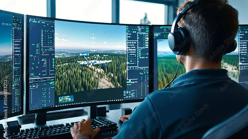 Poster a focused pilot using a multi-screen flight simulator to practice advanced maneuvers, with the scree