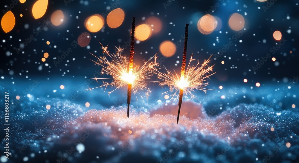 Poster sparkling fireworks sticks glowing brightly in the snow, creating a magical winter wonderland atmosp