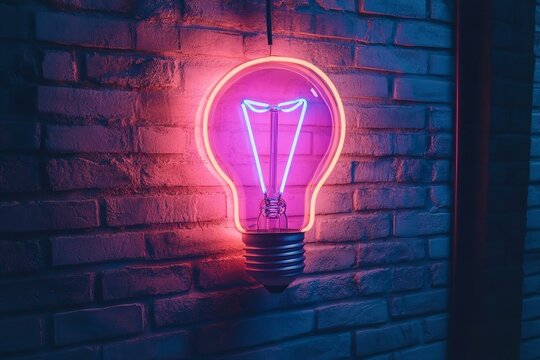 Neon sign of a glowing light bulb symbolizing ideas and knowledge in trivia games with copy space