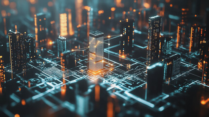 Smart digital Innovation city with connection network reciprocity over the cityscape. of future smart wireless city and social media networking systems that connects business people with in city