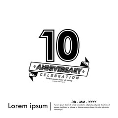 10th years anniversary celebration emblem. black anniversary logo isolated with ribbon on white background. vector illustration template design for web, flyers, poster, greeting card