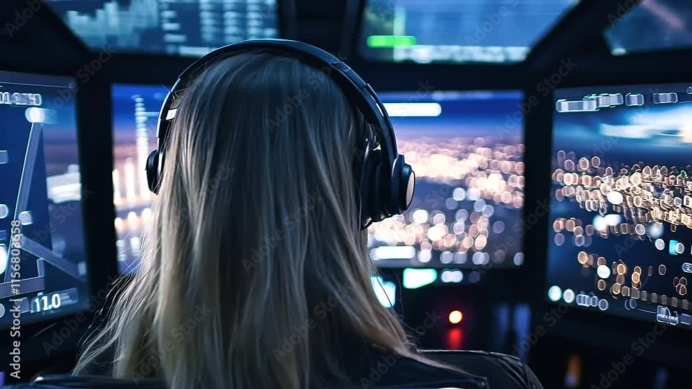 Aufkleber a fully immersive flight simulator setup with a pilot focusing on a nighttime approach to a lit-up c