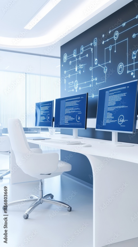 Poster modern office design featuring sleek workstations with computer monitors and high-tech background il
