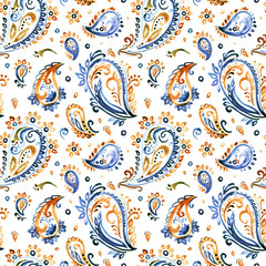 Seamless watercolor pattern. Paisley ornament drawn in ink on a white background. Isolated blue and orange chevrons. Print for your decor. Handmade. © flovie