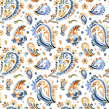 Seamless watercolor pattern. Paisley ornament drawn in ink on a white background. Isolated blue and orange chevrons. Print for your decor. Handmade.