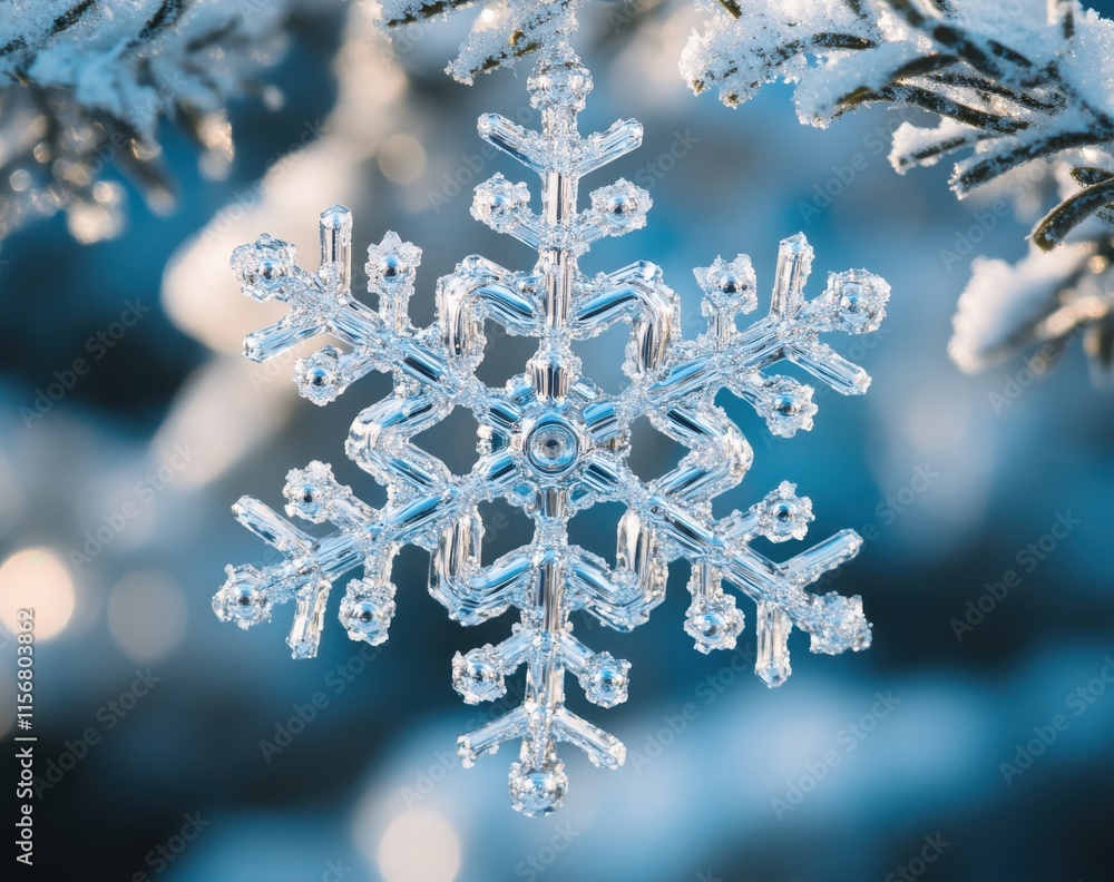 Poster sparkling ice crystal snowflake on a frosted tree branch with soft bokeh background in a winter wond