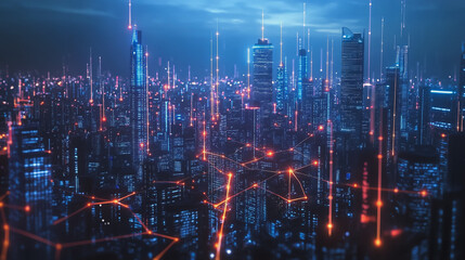 Fototapeta premium Smart digital Innovation city with connection network reciprocity over the cityscape. of future smart wireless city and social media networking systems that connects business people with in city