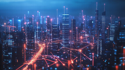 Fototapeta premium Smart digital Innovation city with connection network reciprocity over the cityscape. of future smart wireless city and social media networking systems that connects business people with in city