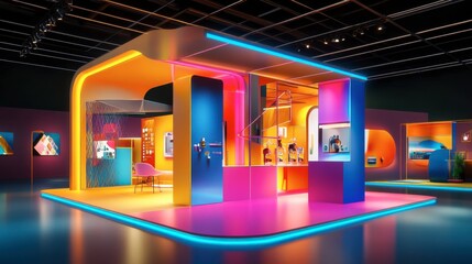 A vibrant trade show booth showcasing innovative products