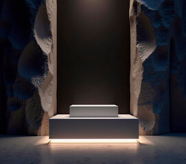  Dark stone podium (showcase, platform) on dark background among stones, under warm spotlights, luxury product presentation mockup - generative AI