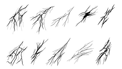 Set of lightning bolts or cracks in abstract black striped patterns hand drawn vector illustration isolated on white background