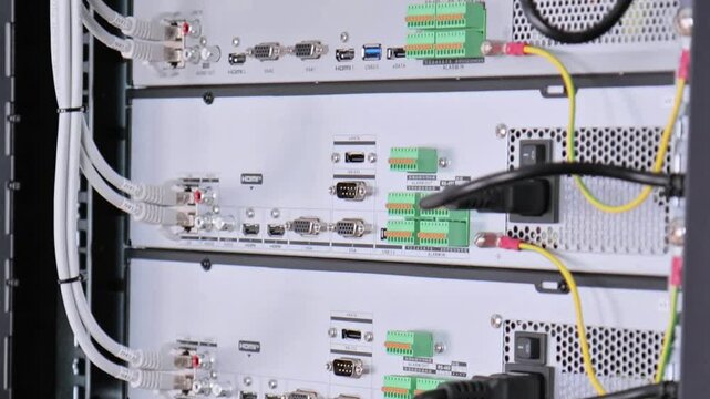 Connection of electronic modules in the telecommunication rack of network and multimedia equipment. Soft focus.