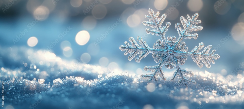 Aufkleber sparkling snowflake on soft blue snow background with bokeh effect capturing the beauty and magic of
