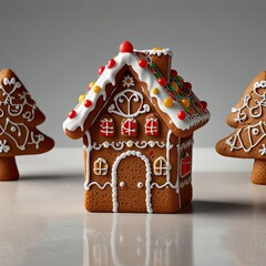 Gingerbread house-shaped cookie isolated on transparent background.
