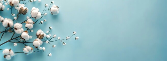 Organic cotton balls on a branch isolated on blue background.