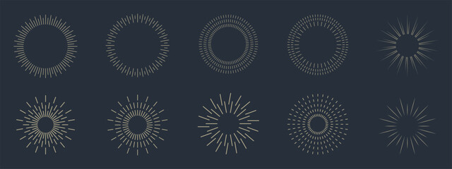 Vintage sunburst set collection. Logotype or lettering hand drawn design element. Bursting golden sun rays sunrise firework starburst blast burst sunset star. Radial sunset beams. Vector illustration.