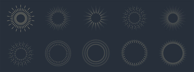 Vintage sunburst set collection. Logotype or lettering hand drawn design element. Bursting golden sun rays sunrise firework starburst blast burst sunset star. Radial sunset beams. Vector illustration.