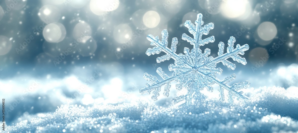 Poster sparkling snowflake on soft snowy surface with glimmering background and bokeh effect, creating a ma