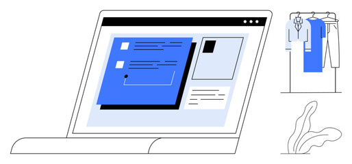 Laptop displaying a website with text blocks and images, next to a clothing rack and a plant. Ideal for online shopping, fashion blogs, content creation, workspace setup, digital design, e-commerce