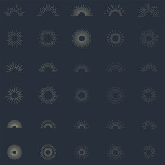 Vintage sunburst set collection. Logotype or lettering hand drawn design element. Bursting golden sun rays sunrise firework starburst blast burst sunset star. Radial sunset beams. Vector illustration.