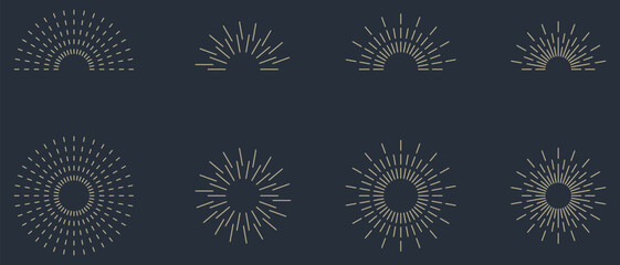 Vintage sunburst set collection. Logotype or lettering hand drawn design element. Bursting golden sun rays sunrise firework starburst blast burst sunset star. Radial sunset beams. Vector illustration.