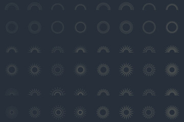 Vintage sunburst set collection. Logotype or lettering hand drawn design element. Bursting golden sun rays sunrise firework starburst blast burst sunset star. Radial sunset beams. Vector illustration.