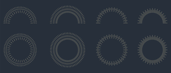 Vintage sunburst set collection. Logotype or lettering hand drawn design element. Bursting golden sun rays sunrise firework starburst blast burst sunset star. Radial sunset beams. Vector illustration.