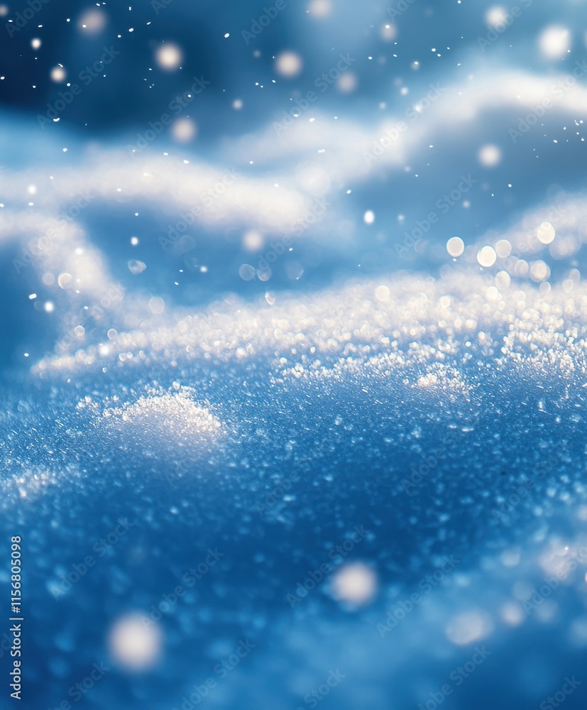 Poster Sparkling Snowflakes Falling Gently on Soft Blue Winter Background Creating a Dreamy, Magical Atmosphere with Bokeh Effect and Frosty Texture in a Peaceful Setting