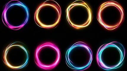 Set of glowing neon color circles round curve shape with wavy dynamic lines isolated on black background technology concept. Circular light frame border.