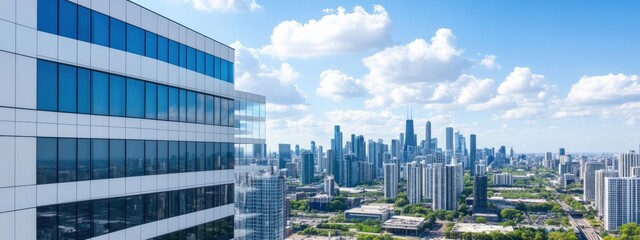 Obraz premium Panoramic View of a Modern Cityscape with Skyscrapers and Clouds under a Bright Blue Sky, Featuring Contemporary Architecture and Urban Life