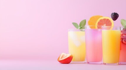 A variety of fruit juices in vivid glasses, with fruit slices perched on top, placed against a pastel background with ample text space