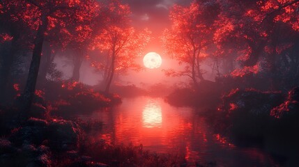 Red Moon Night: Surreal Forest River Landscape