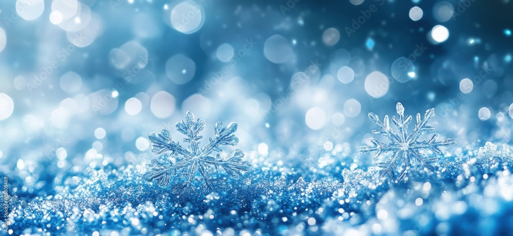 Poster sparkling snowflakes on a frosted surface with a bokeh background creating a magical winter wonderla