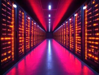 A futuristic data center corridor with glowing server racks illuminated in vibrant red and purple lights, evoking a high-tech and secure atmosphere.