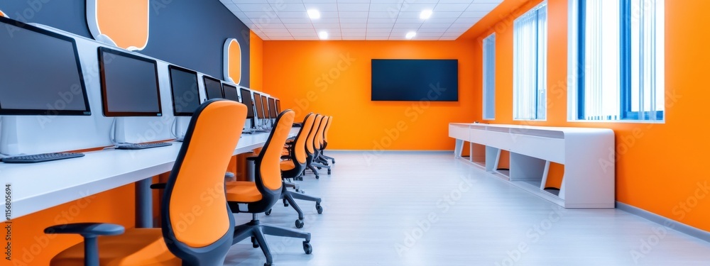 Aufkleber modern classroom with bright orange walls, equipped with desks and computers, designed for tech inst