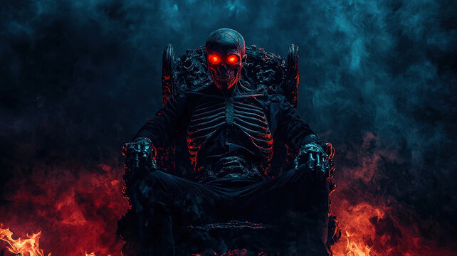 A terrifying demon lord with glowing red eyes sits on a throne of bones, surrounded by a dark, infernal landscape filled with lava and jagged rocks.
 - Powered by Adobe