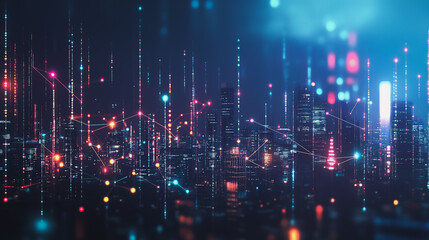 Fototapeta premium Smart digital Innovation city with connection network reciprocity over the cityscape. of future smart wireless city and social media networking systems that connects business people with in city