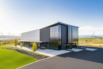 Obraz premium Modern Commercial Building Surrounded by Green Landscape and Wind Turbines Under Clear Sky, Capturing Innovative Architecture and Eco-Friendly Design Elements