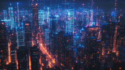 Fototapeta premium Smart digital Innovation city with connection network reciprocity over the cityscape. of future smart wireless city and social media networking systems that connects business people with in city