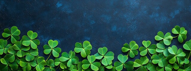 Border made of clover leaves on dark blue background with copy space. Four leaved shamrocks. St Patrick Day holiday symbol.