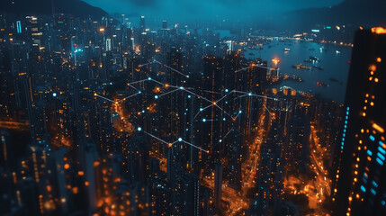 Obraz premium Smart digital Innovation city with connection network reciprocity over the cityscape. of future smart wireless city and social media networking systems that connects business people with in city