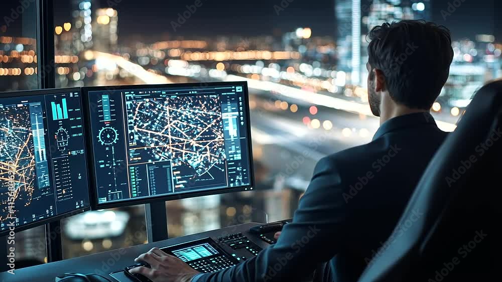 Poster a modern flight simulator environment with a pilot practicing nighttime navigation, monitors showing