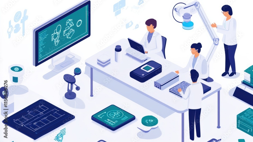 Poster modern scientific laboratory with research professionals collaborating on innovative projects, utili