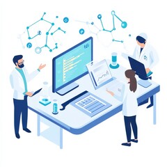 Digital Laboratory Scene with Scientists Collaborating on Research Data Analysis, Displaying Charts, and Utilizing Technology for Experiments and Innovation