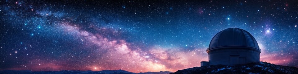 Naklejka premium Breathtaking Night Sky Over Observatory Dome with Milky Way and Stars