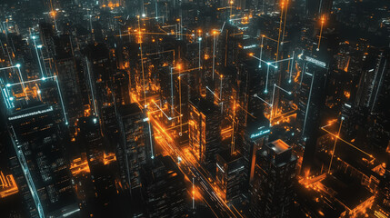 Naklejka premium Smart digital Innovation city with connection network reciprocity over the cityscape. of future smart wireless city and social media networking systems that connects business people with in city