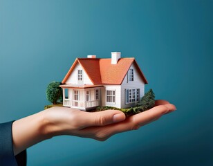 Hand holding model house presenting model house for home loan campaign on a simple background