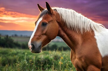 Obraz premium Close-up portrait of a gentle brown horse, its eyes reflecting the beauty of a colorful sky.